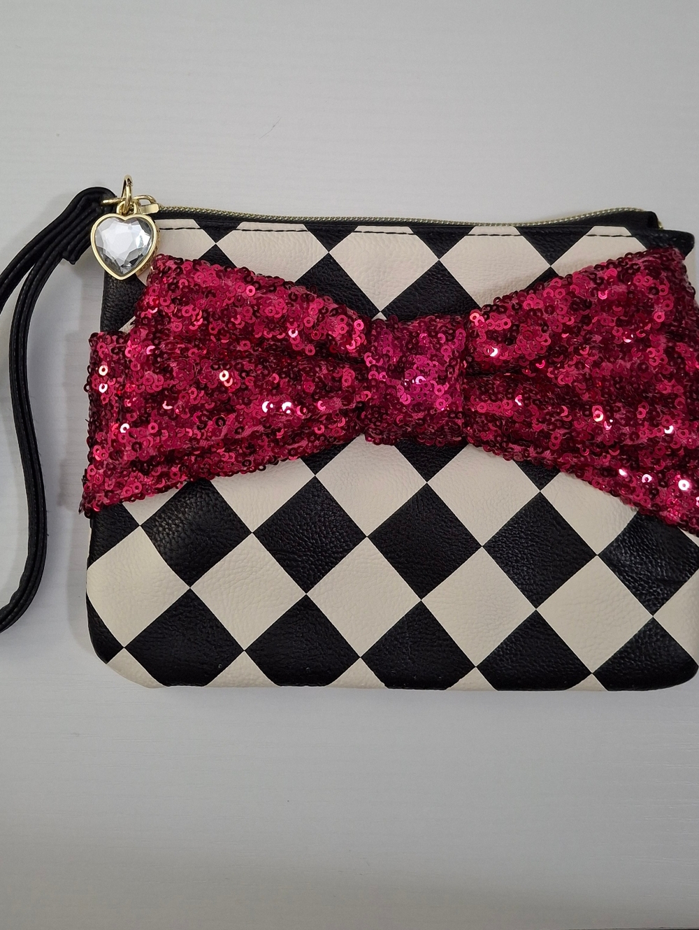 Betsey Johnson Black & White Diamond Wristlet with Pink Sequin Bow